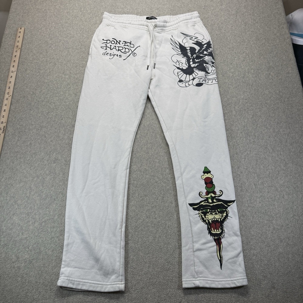 Ed Hardy Men's Medium White Tattoo Graphic Sweatpants Eagle Panther Y2K